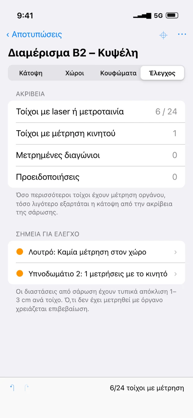 Αποτύπωση: έλεγχος ποιότητας με τοίχους που έχουν μέτρηση οργάνου και σημεία για έλεγχο