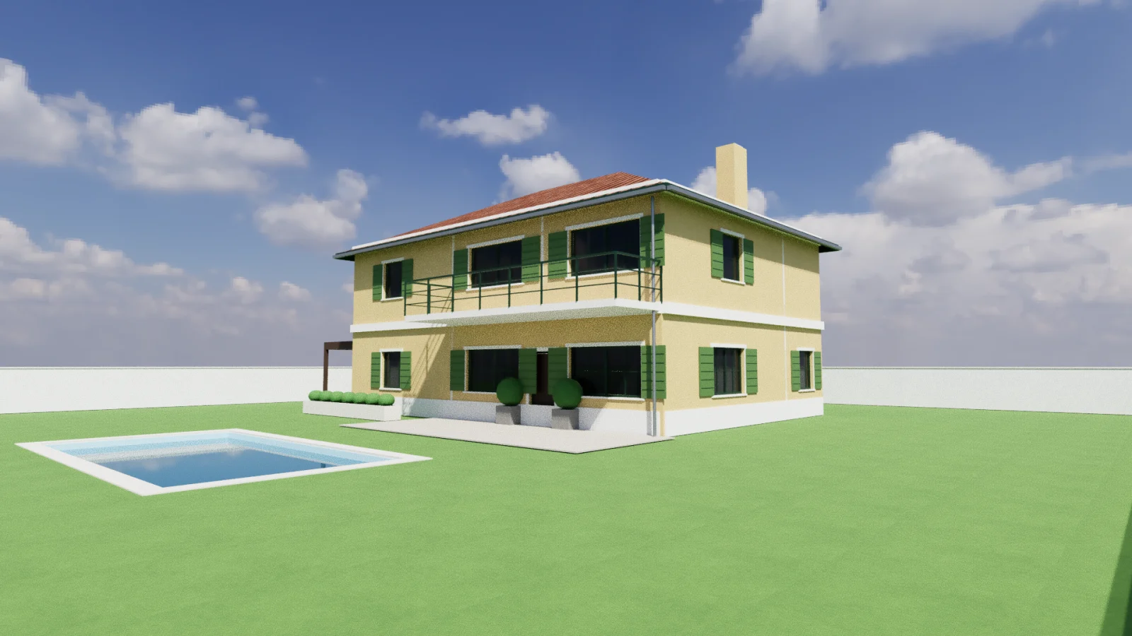 Render της Όψης: νοτιοανατολική θέα της κατοικίας επίδειξης με καμινάδα, μπαλκόνι και πισίνα
